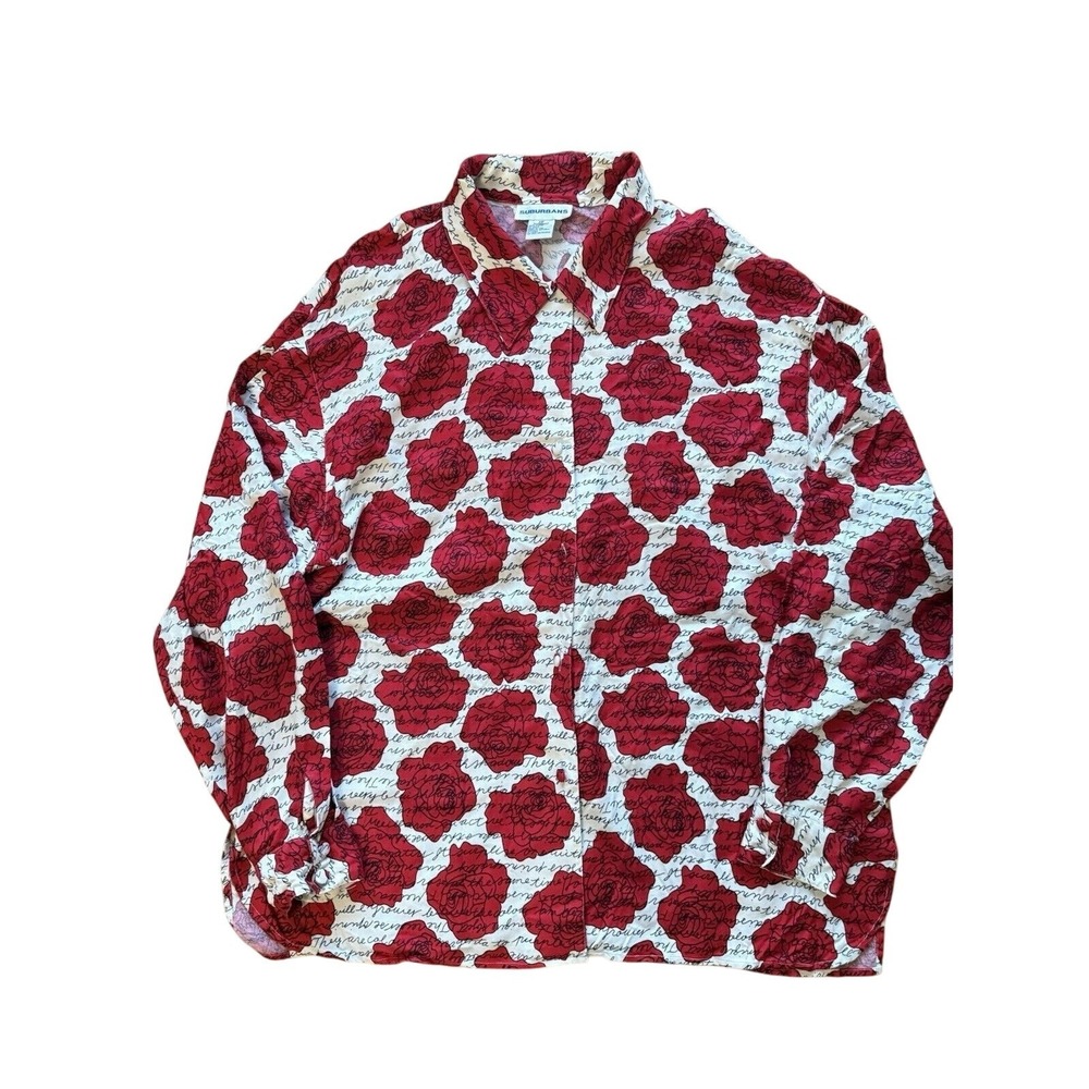 Suburbans Button Down Blouse Floral Rose Script Vintage Womens 16 Red‎ White